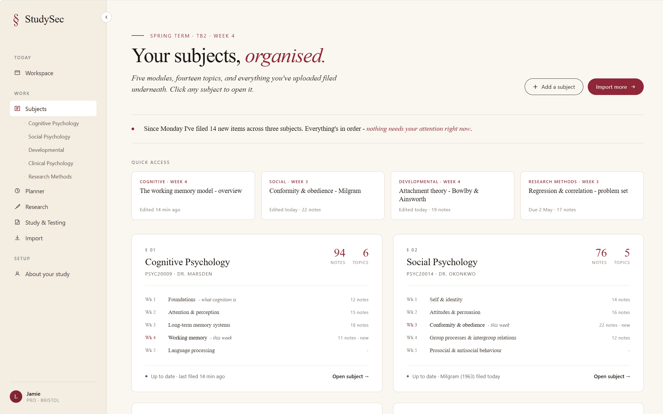 Subjects view - all modules organised with notes and topic counts